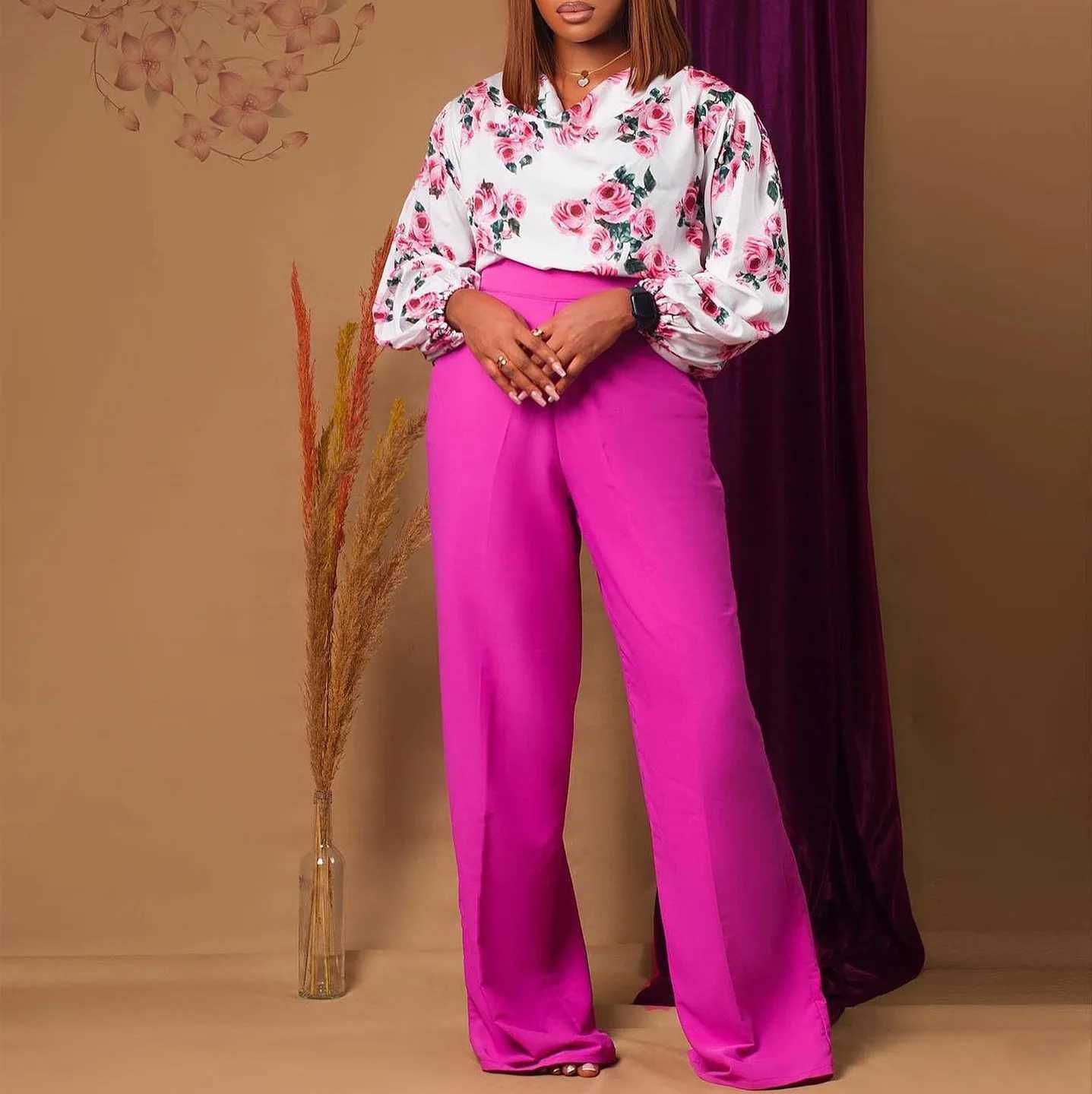 Pantalon de deux pièces pour femmes Pantalon d'automne Fashion Two Piece Set African Women Elegant Ol Fragmented Satin Shirt Pantal