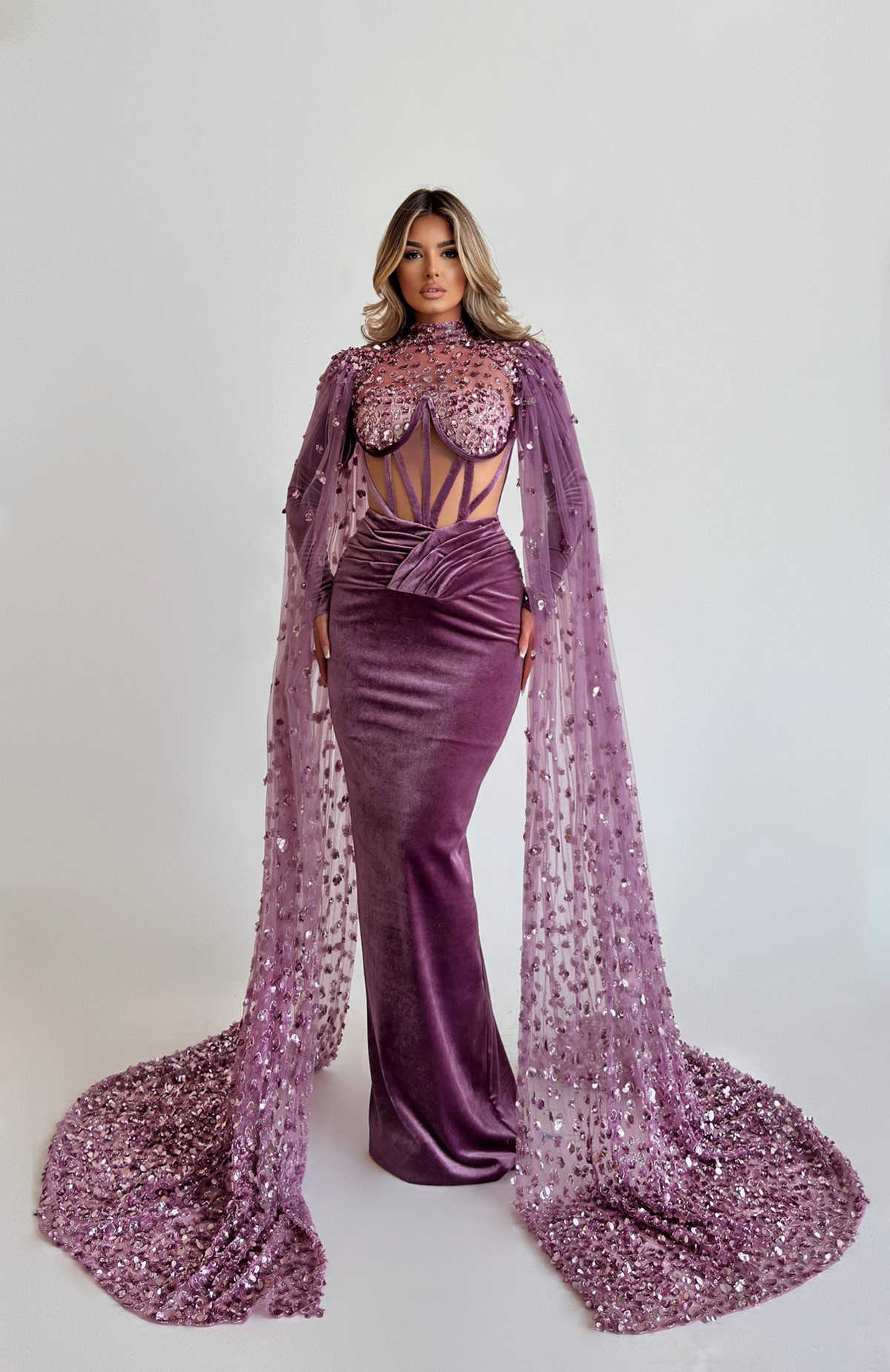 Retro High Collar Evening Dresses Mermaid Prom Gowns Beading Long Sleeve Slim Party Dress with Cape Custom Made Vestidos de noche