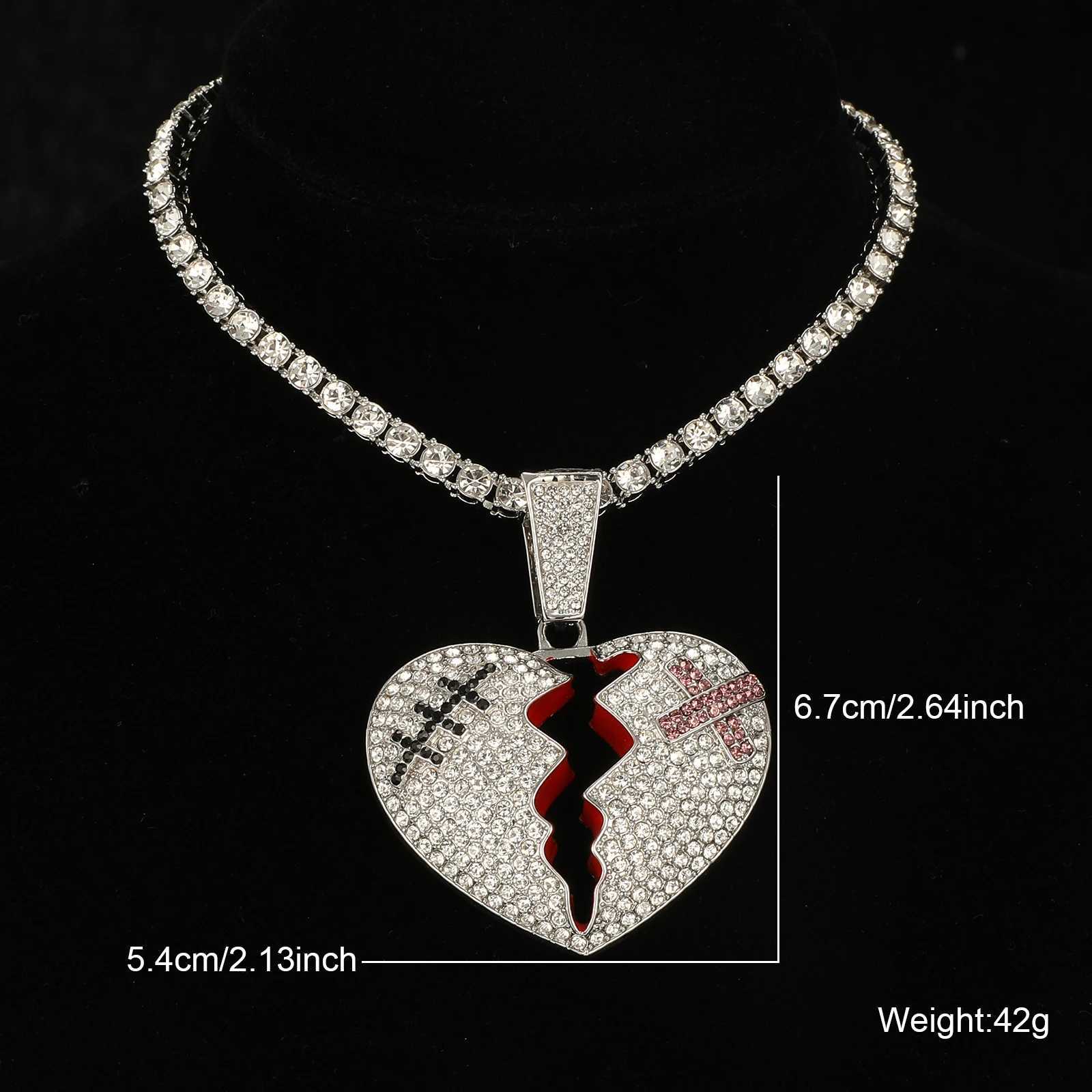 Strands HIP HOP Iced Out Broken Heart pendant with 13mm Cuban Link chain AAA+Rhinestone necklace suitable for mens rapper jewelry 240424