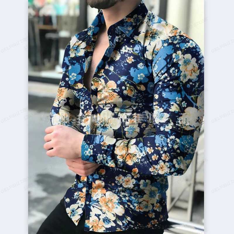 Camicie casual da uomo camicie hawaiane a maniche lunghe camicia di moda camicette floreali camicetta cuba spiaggia girare le camicie floreali di camisa del colletto abbottonato 240424