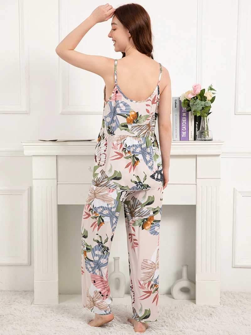 Women's Sleepwear Plus Size S-XXXL 100% Viscose Ladies Summer Pajamas Set Comfortable Soft Home Suit Cami Pants Pyjamas Slpwear Nightwear Y240426