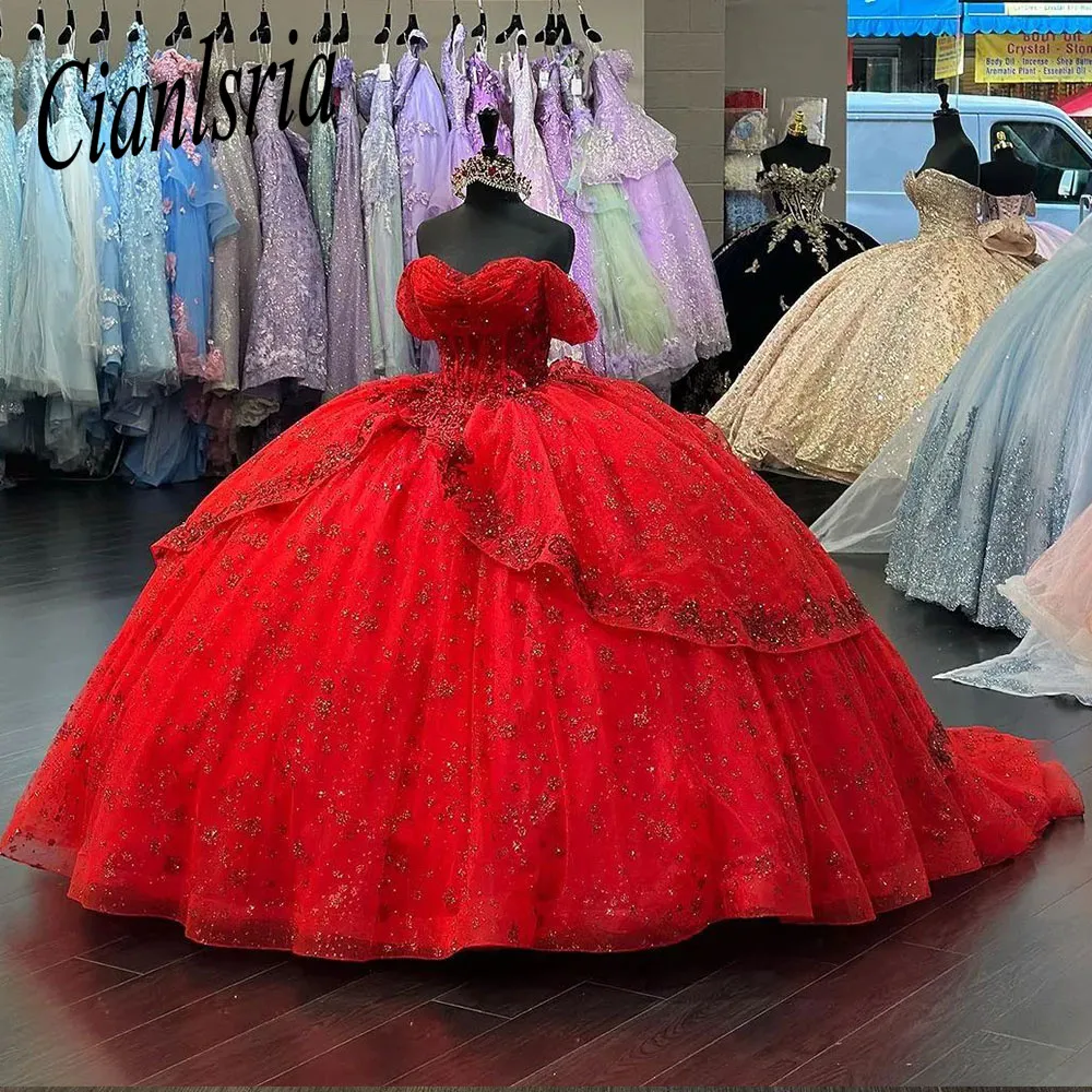 Off The Shoulder Dresses 15 Years Red Stick Quinceanera Dress Sweet 16 Ball Gown Princess Birthday Gowns Lace Appliques