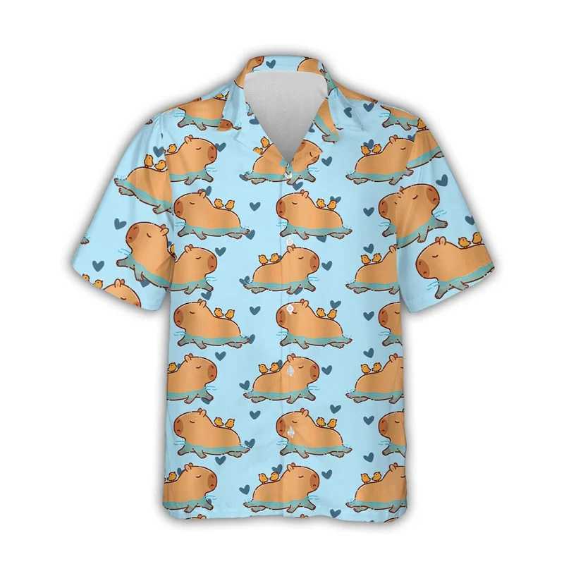 Casual shirts voor heren kawaii capybara grafische shirts voor mannen kleding 3d print Hawaiian Aloha strand shirt korte mouw y2k schattige kinderen tops revers blouse 240424