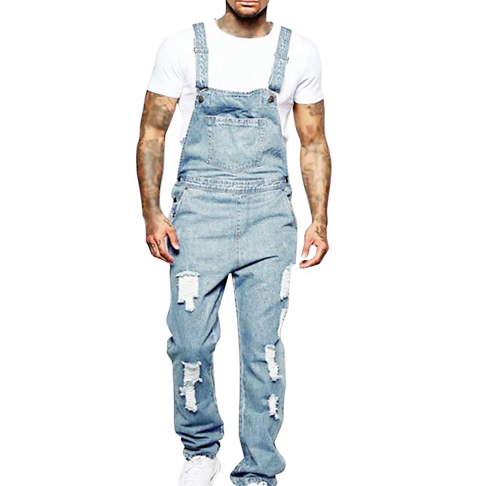 Mäns jeans herrar jeans höst heta tårupphängning denim jumpsuit populära mode arbetskläder nya byxor herr street kläder loosel2404