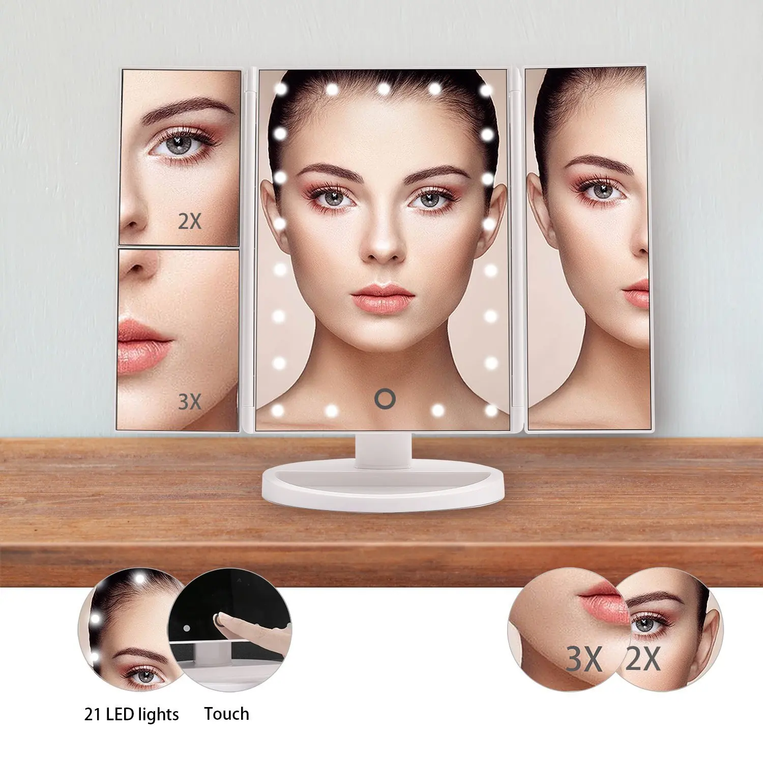 Miroir de vanité éclairé à trifold à outil avec 22 lumières LED, écran tactile et grossissement 3x / 2x / 1x, deux miroirs de maquillage en mode d'alimentation à deux aliments