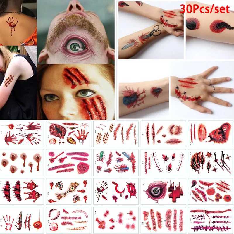 Tatuering överföring 30st halloween tema blodiga sår tatuering klistermärken vattentät tillfällig ansikte makeup barn fest gynnar dekoration 240426