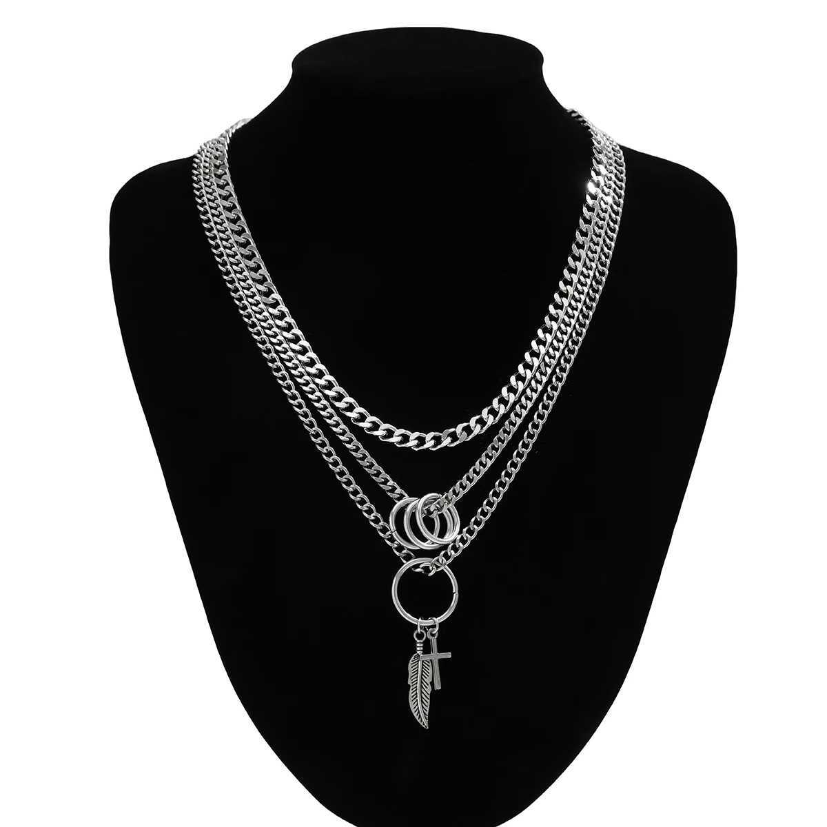 Strands KunJoe 3-piecemens metal feather pendant necklace punk silver multi-layer Cuban chain necklace hip-hop jewelry 240424