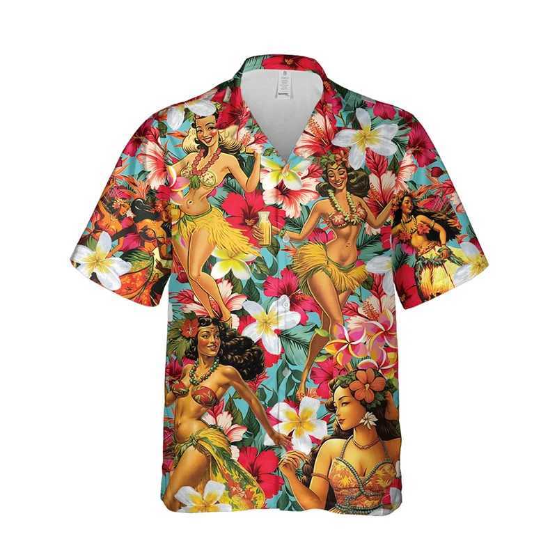 Mäns avslappnade skjortor Hula Girl Graphic Beach Shirts For Men Clothes Hawaiian Dancer Kort ärm Blusar Casual Aloha Beach Shirts Button Kids Tops 240424