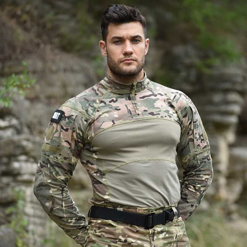 Tactical T-shirts Mens outdoor camouflage long shirt tactical shirt military bicycle training mens clothing military combat shirt 240426