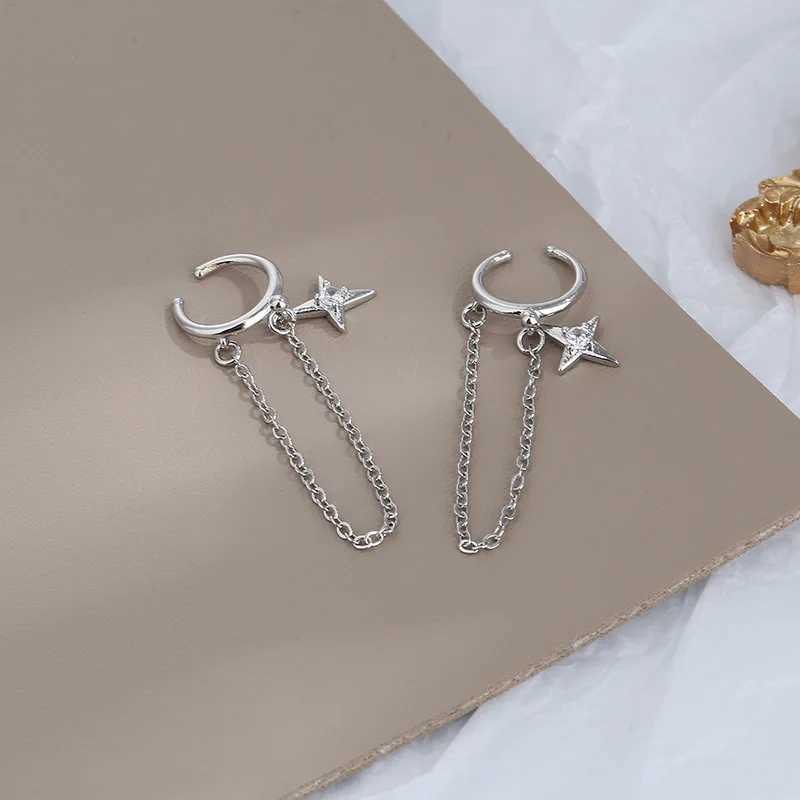Charm Fashion Four Pointed Stars Clip Earrings Personality Metal Chain Long Tassel Cartilage Clips No Pierced Ear Cuff Jewelry