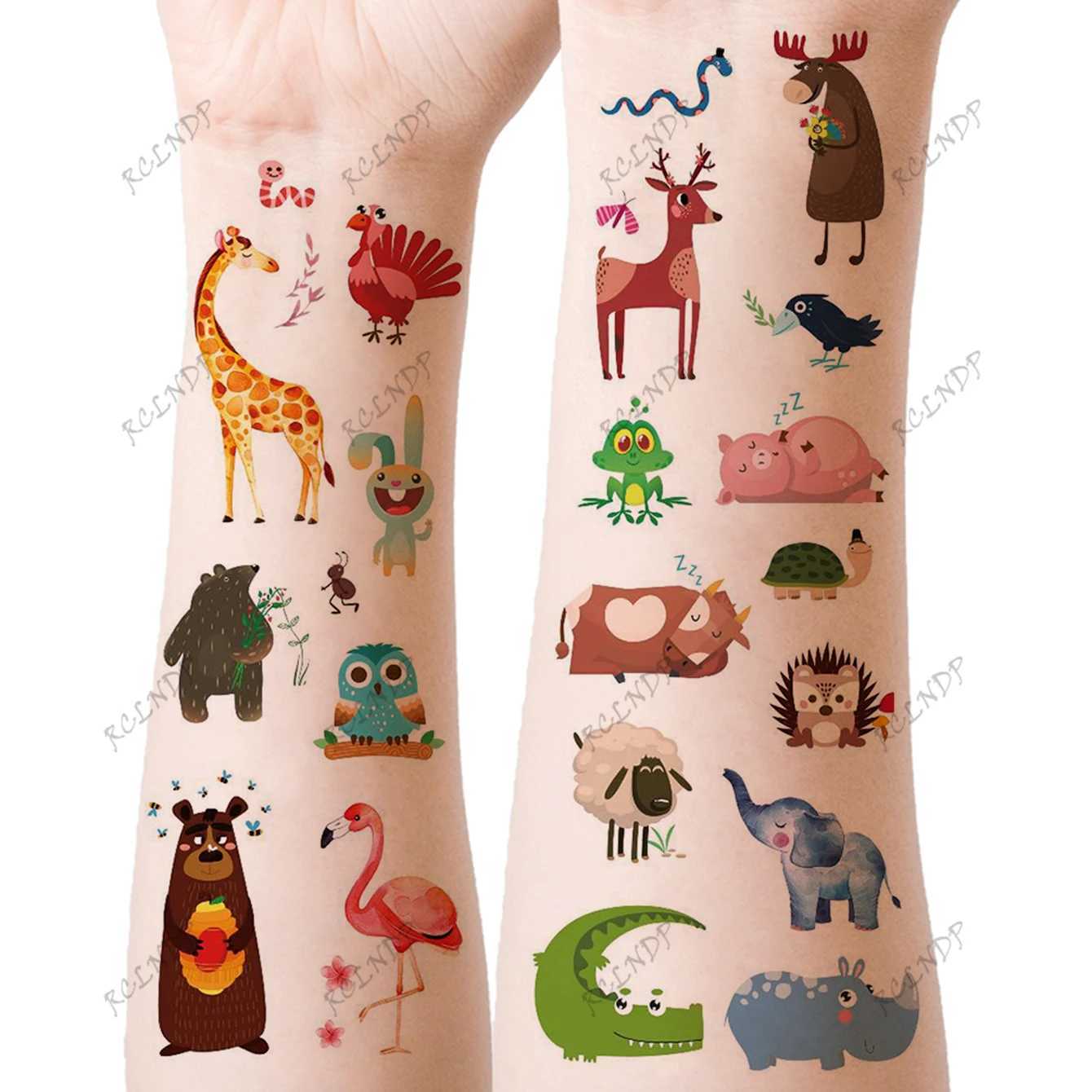 TRASFERIMENTO TATTOO 12 pezzi impermeabili di tatuaggi temporanei fumetto di cartone animato Elefante Elefante DEER Orso FACHI FLAD FLASH Tatoo Tato ragazze uomini 240426