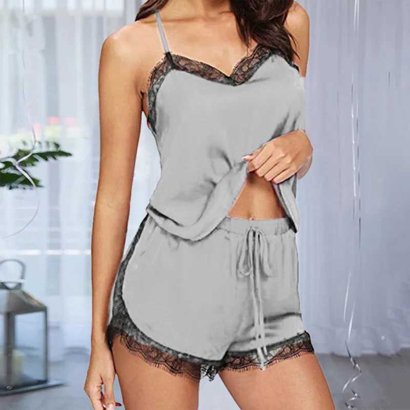 Mulheres femininas lingerie feminina lingerie sexy pijama conjunto grn sleveless loungewear lace cami top elástico shorts de cordão y240426