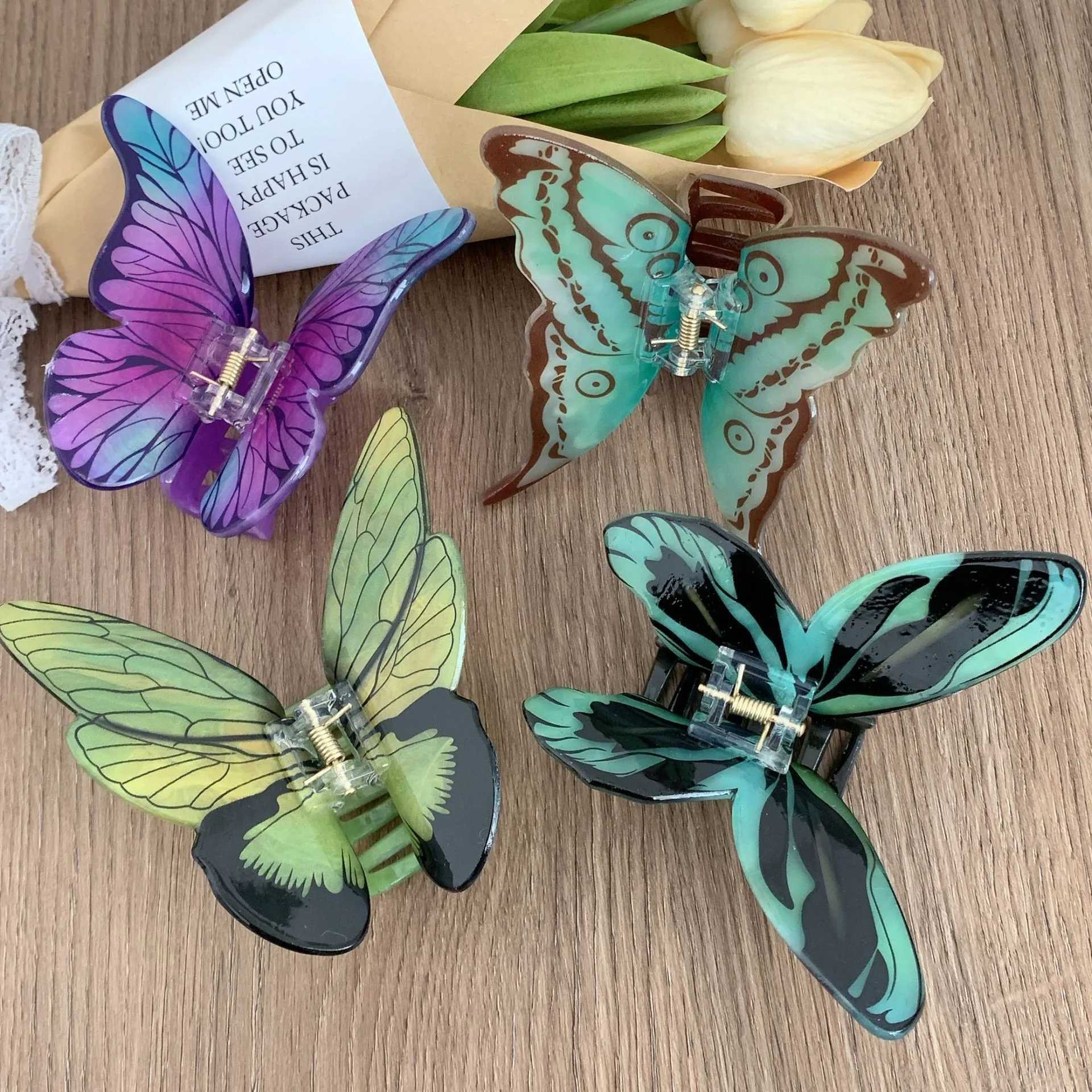 Clamps YHJ New Colorful Butterflies Hair Claw Advanced Simulation Butterfly Hair Claw Clip Shark Catch Hair Accessories for Women Girls Y240425