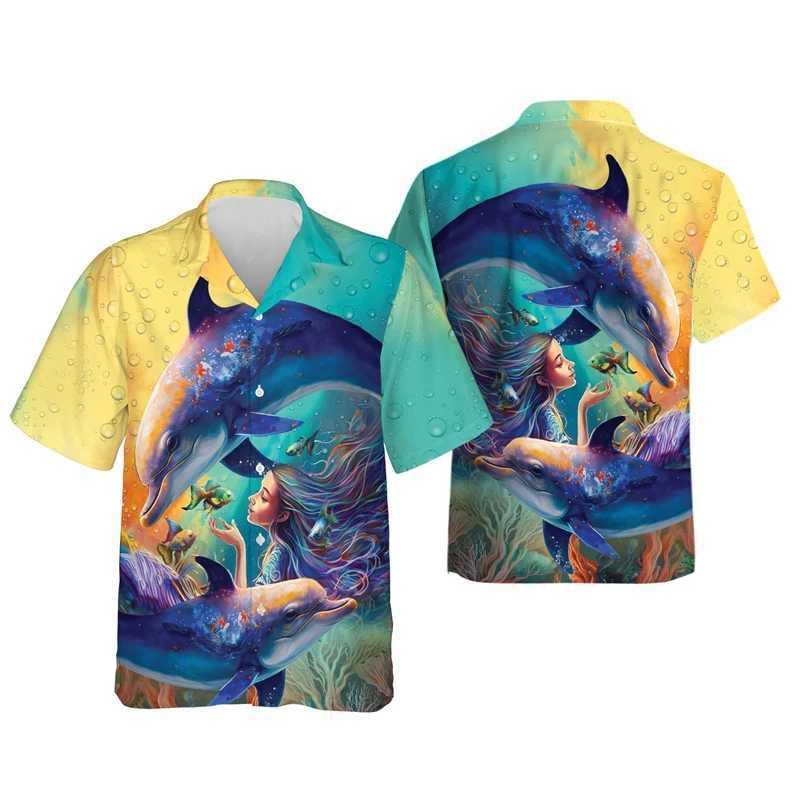 1WE1 Men's Casual Shirts Harajuku Fashion Dolphin Graphic Shirts For Men Clothes Casual Hawaiian Beach Shirt Aloha Cartoon Ocean Animal Blouses Lapel Top 240424