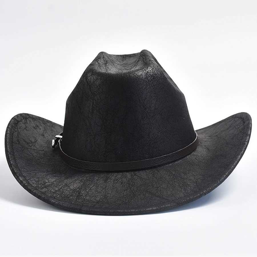 Szerokie brzegowe czapki wiadra faux skórzana czapka kowbojska dla mężczyzn vintage dżentelmen panama cowgirl hat sombrero hombre y240425