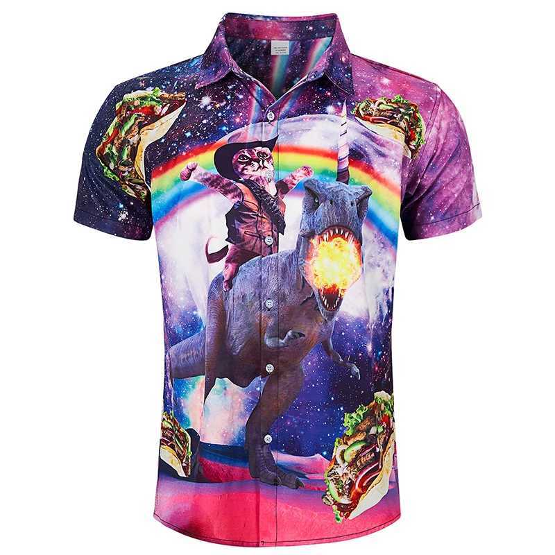 Casual shirts heren heren grappige Hawaiiaanse shirts 3D print grappige kat grafische t -shirt heren korte mouw knop down tropical vakantie strand aloha shirt 240424