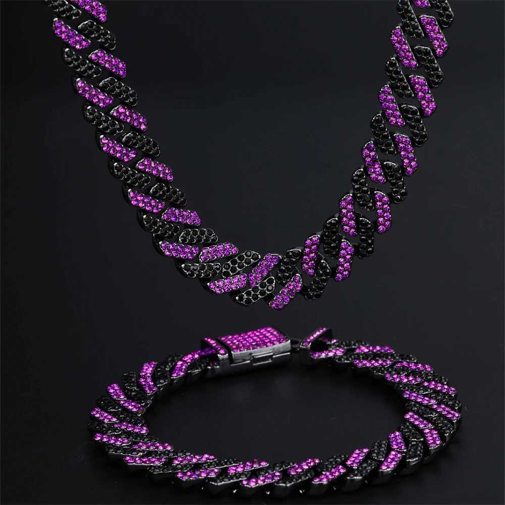 Strängar 12mm Diamond Prong Cuban Link Chain med 2 rader med Purple Ice Out Rhinestone Rapper -halsband för män och kvinnor som kvävar smycken Armband 240424