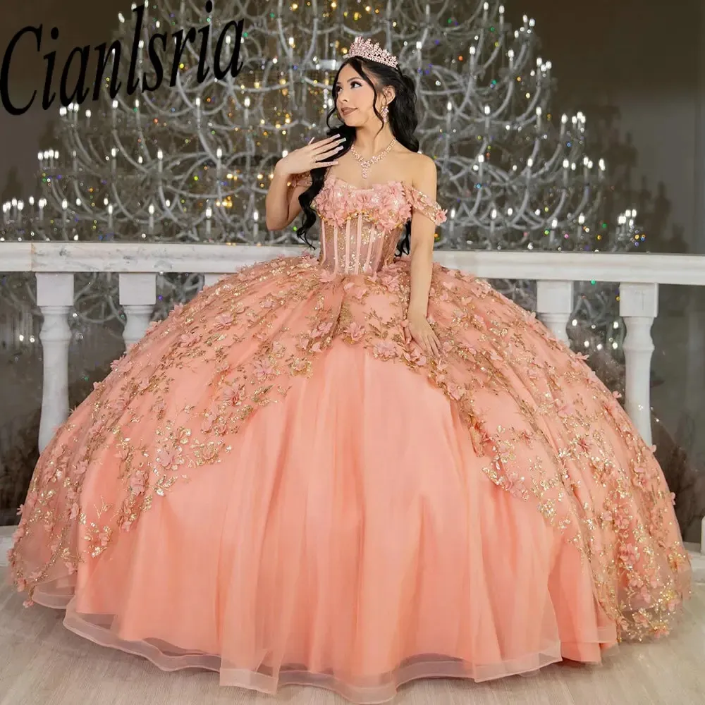 Blush Pink Off the Shoulder Ruffles Ball Gown Quinceanera Dresses 3D Flowers Sequined Lace Corset Sweet 15 Vestido