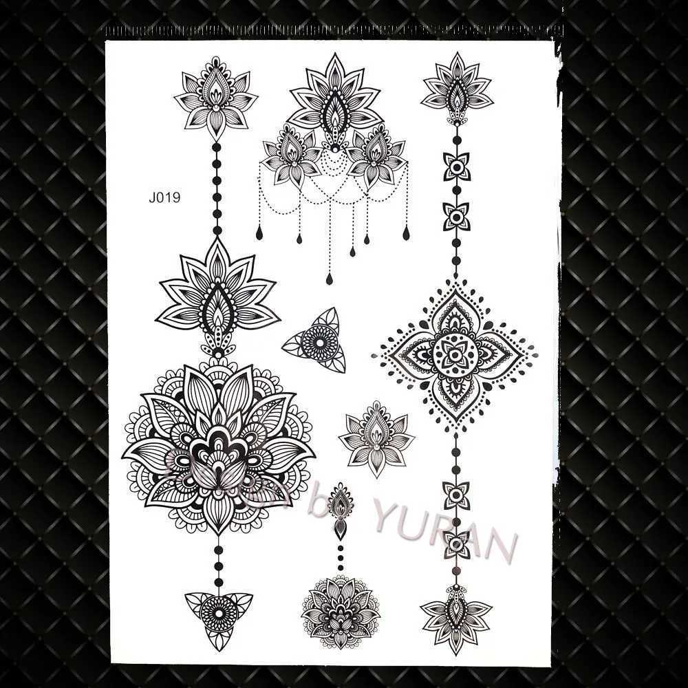 Transfert de tatouage Yuran Fashion Chains noires poignets Fleur de henné falsification de faux tatouages Autocollants imperméables Mandala Flora tatouage Tatoo Femme Temporaire Arm 3D Tatot 240426