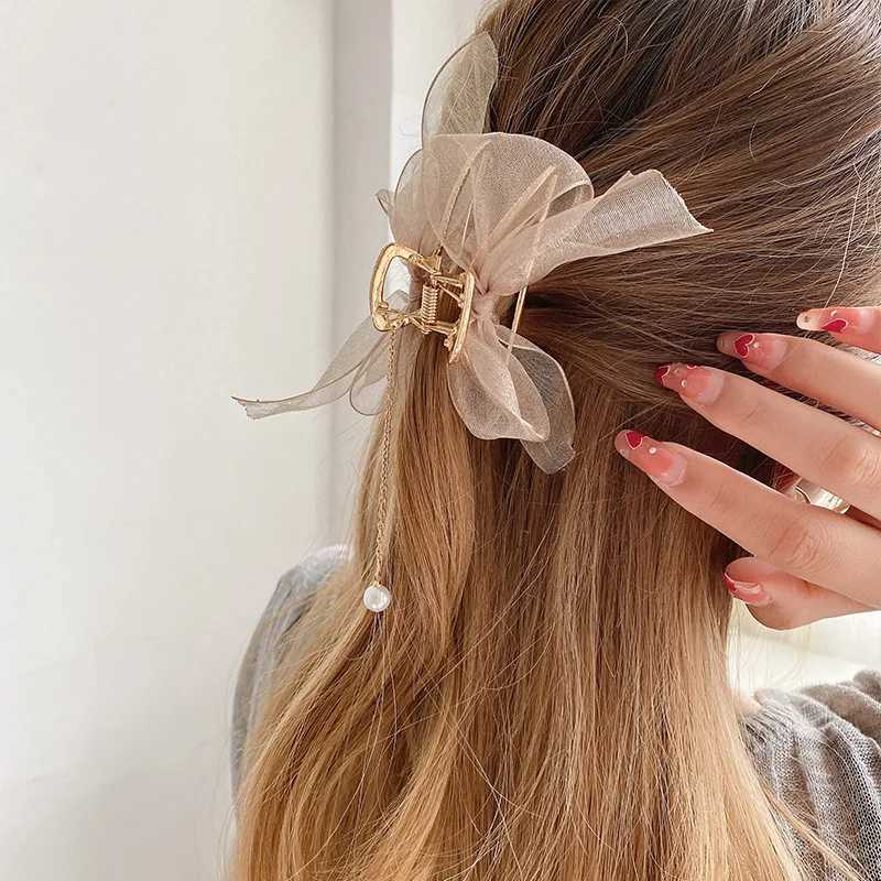 Zaciski nowe kobiety eleganckie szyfonowe dziobek pereł metalowe pazurki do włosów słodkie włosy dekoracja tylnej głowicy klipsy modne