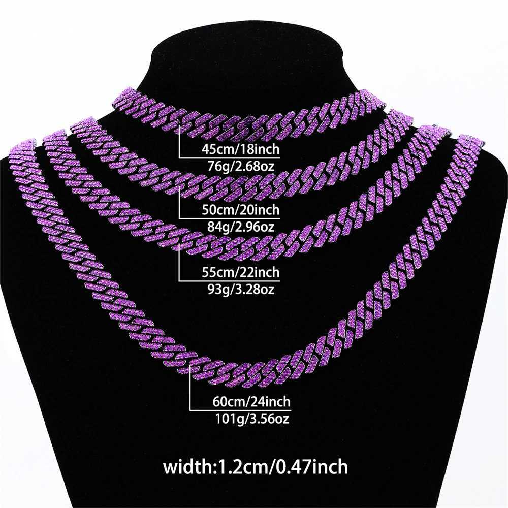 Strängar 12mm Diamond Prong Cuban Link Chain med 2 rader med Purple Ice Out Rhinestone Rapper -halsband för män och kvinnor som kvävar smycken Armband 240424