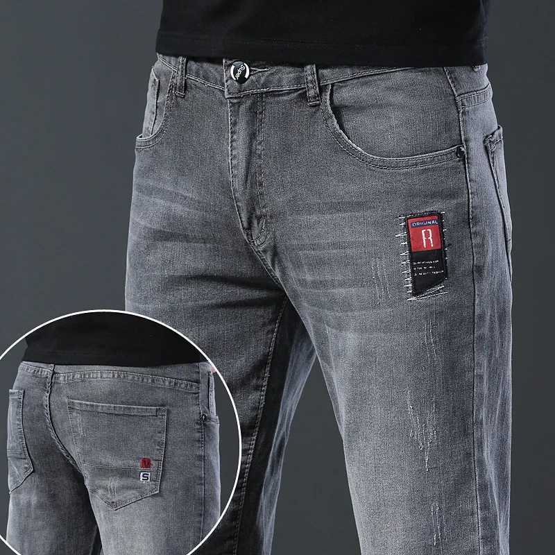 Men's Jeans Mens Fashion Letter denim pants ultra-thin straight gentleman relaxed fashion European and American style elastic mens luxury jeans grayL2404