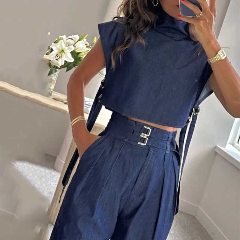 Women's Two Piece Pants Waytobele Women Two Piece Set Summer Fashion Office Solid High Neck Short Slve Top Straight With Pockets Buckle Pants Sets Y240426