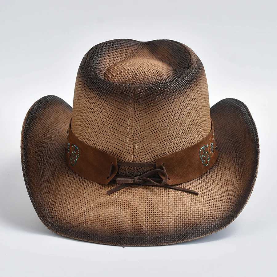 Szerokie brzegowe czapki wiadra czapki letnia słoma zachodnia kowbojska kapelusz dla mężczyzn kobiety na świeżym powietrzu podróż jazz plażowa hat sombreros de vaquero y240425
