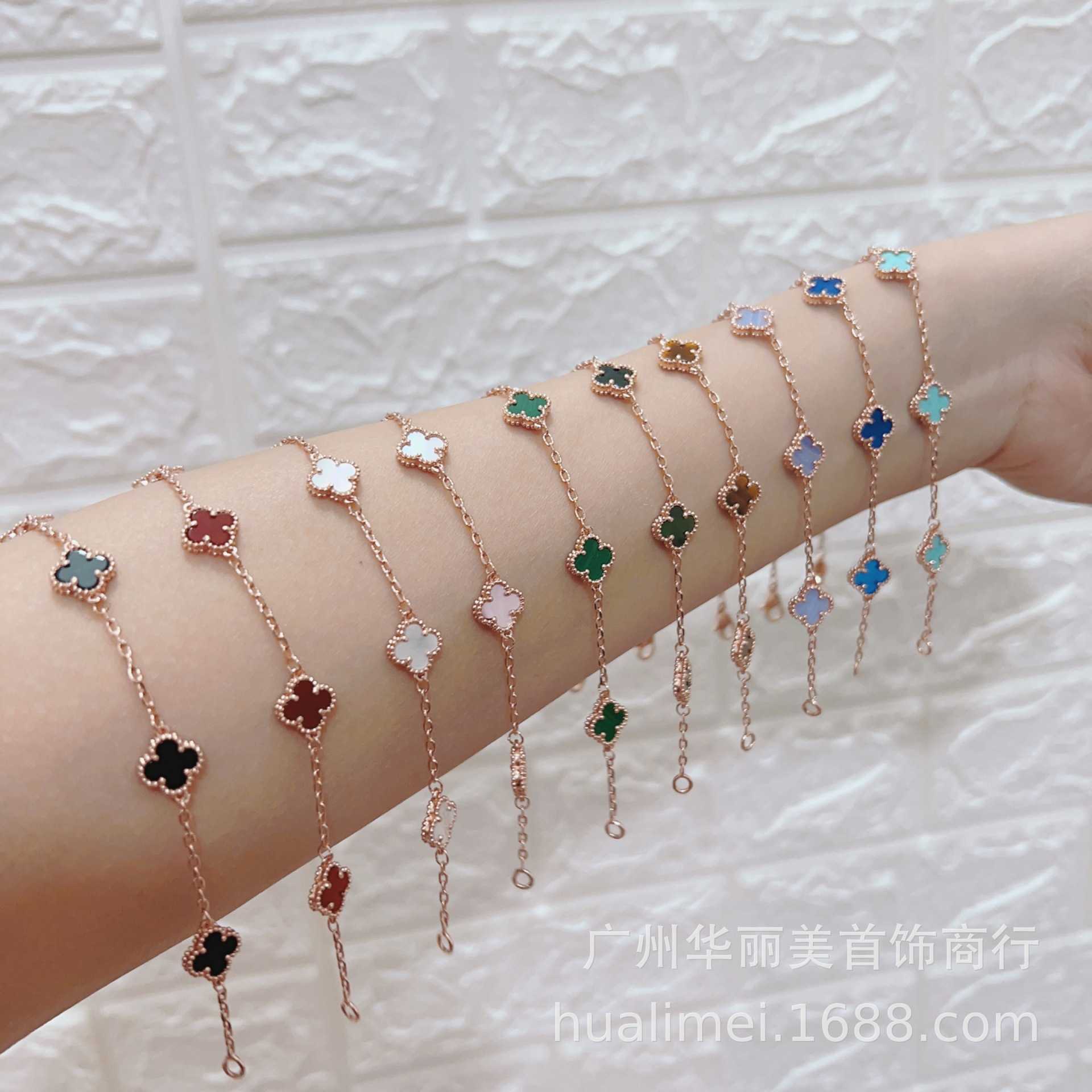 Top luxury fine designer jewelry Vancleff High version red and black agate rose gold star matching four leaf clover mini pink gray white fritillaria bracelet