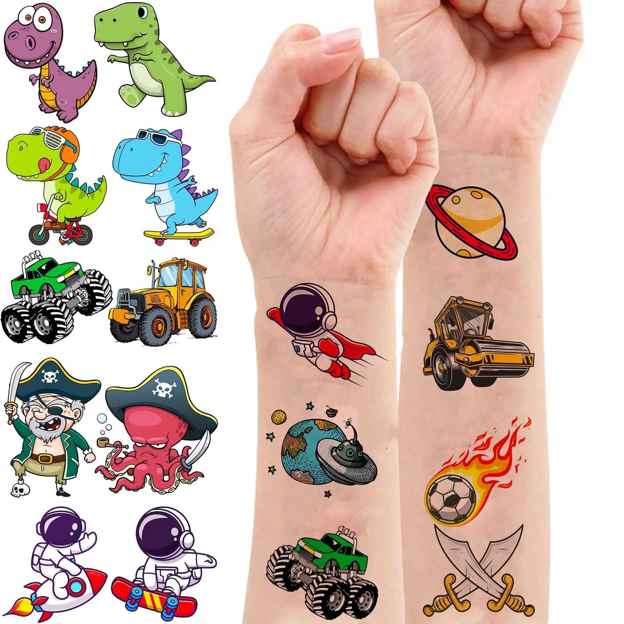 Tattoo -overdracht 3D Cartoon Tijdelijke tatoeages voor kinderen Volwassenen Party Fake Tattoo Dinosaur Space Pirate Construction Car Flash Tatoos Small 240427