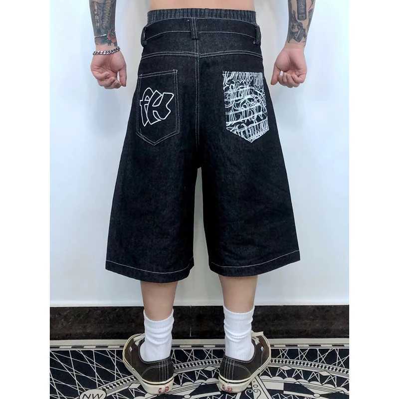 Heren shorts Hip Hop Pocket geborduurde brief bedrukte jeans voor heren zomer retro ultra wide been denim knie pantsL2404