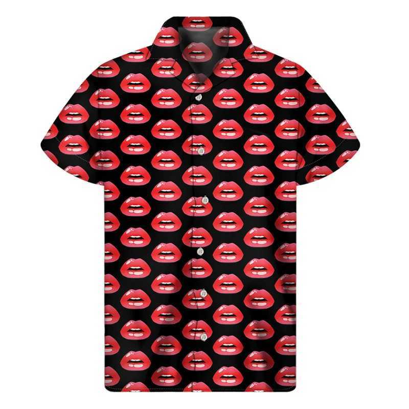 Chemises décontractées pour hommes mode lèvres rouges 3d chemises imprimées hommes femmes Vandes d'été Vandes en vrac manches hawaïennes bouton Boulieaux Aloha 240424