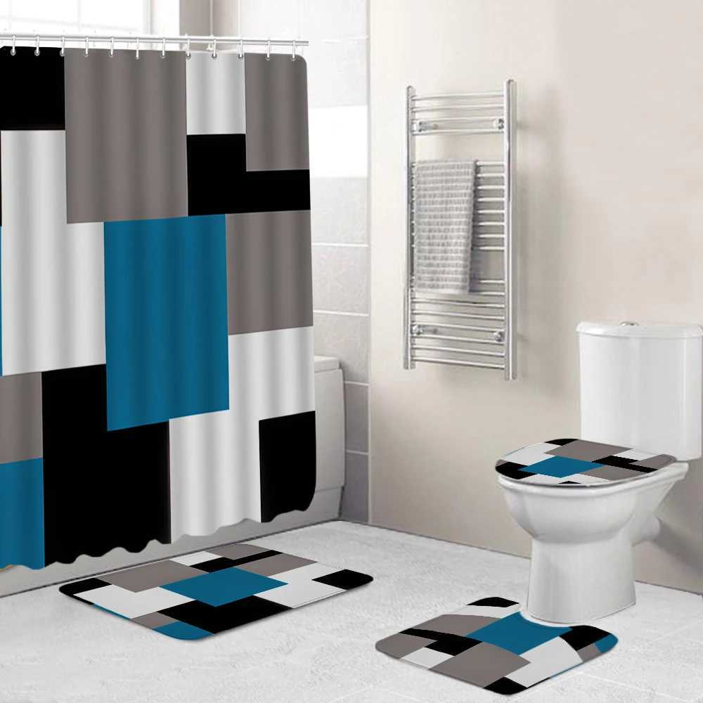 Shower Curtains Modern Bathroom Shower Curtain Waterproof Home 3D Carpet Entrance Doormat Set Toilet Seat Cover Rug Bath Non-Slip Floor Mat