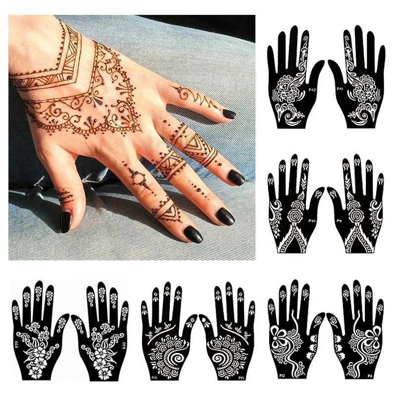 Tatueringsöverföring 2sten Henna Tattoo Stencils mallar för kvinnor tillfällig tatuering indisk modeblomma bröllop tatuering leveranser för diy kroppskonst 240426
