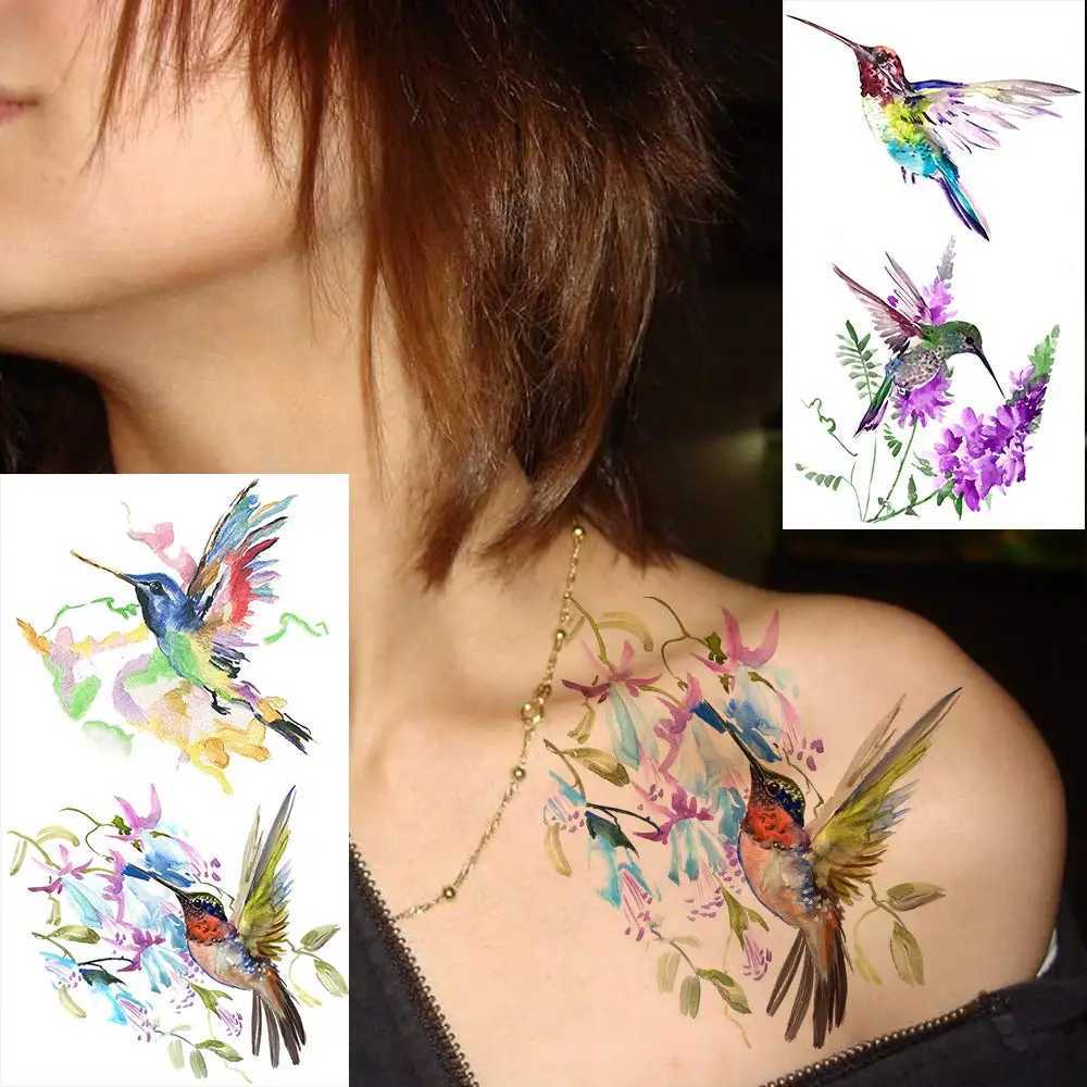 Татуировка переноса 15 листов акварели колибри Временные татуировки для женщин маленькая флеш -фальшивая фальшивая цветочная лице