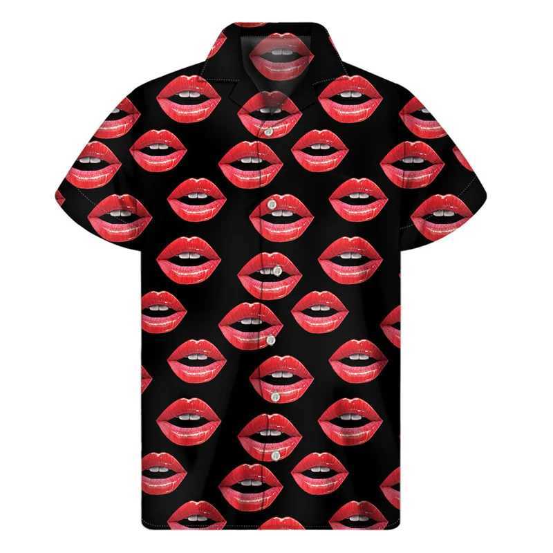 Men's Casual Shirts Fashion Red Lips 3d Printed Shirt Men Women Summer Vacation Loose Short Sleeves Hawaiian Tee Shirts Button Lapel Aloha Blouse 240424