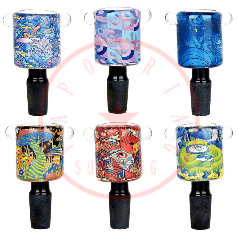 Newest Glass Colorful Pattern Smoking 14MM 18MM Male Joint Dry Herb Tobacco Filter Bowl Oil Rigs Portable Handle Waterpipe Bong DownStem Cigarette Holder DHL