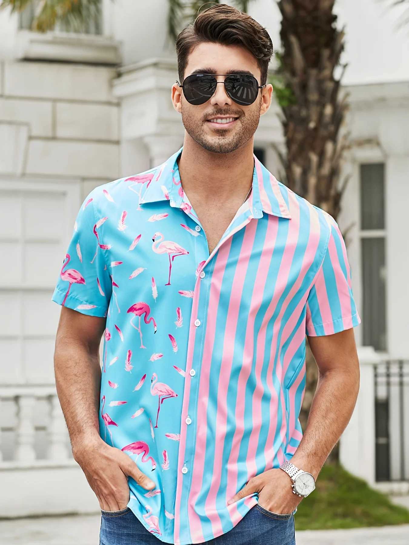 Herren lässige Hemden Mode Streifen Flamingo Summer Classic Style Bluse Männer schlank Fit Blume Männliche soziale Hemd Herren Hawaiian Casual Street Camisas 240424