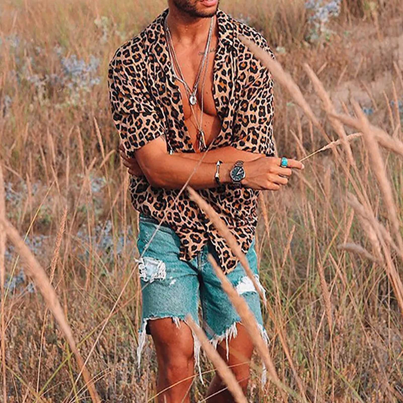 Camisas casuais masculinas camisa de leopardo camisas massagens de verão de manga curta Cardigan tops de rua de praia aloha camisa de vestido macho tops quimise 240424