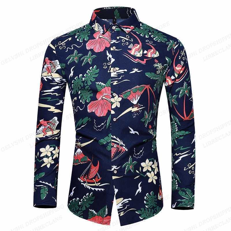 Casual shirts voor heren varen Hawaiiaanse shirts Casual lange mouw shirts heren mode shirt cuba strand blouse heren kleding omdraaien over bloemen camisas 240424