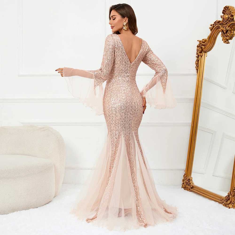 Runway Dresses YIDINGZS Elegant Long Slve Sequin Evening Dress Gold Mesh Party Maxi Dress Y240426