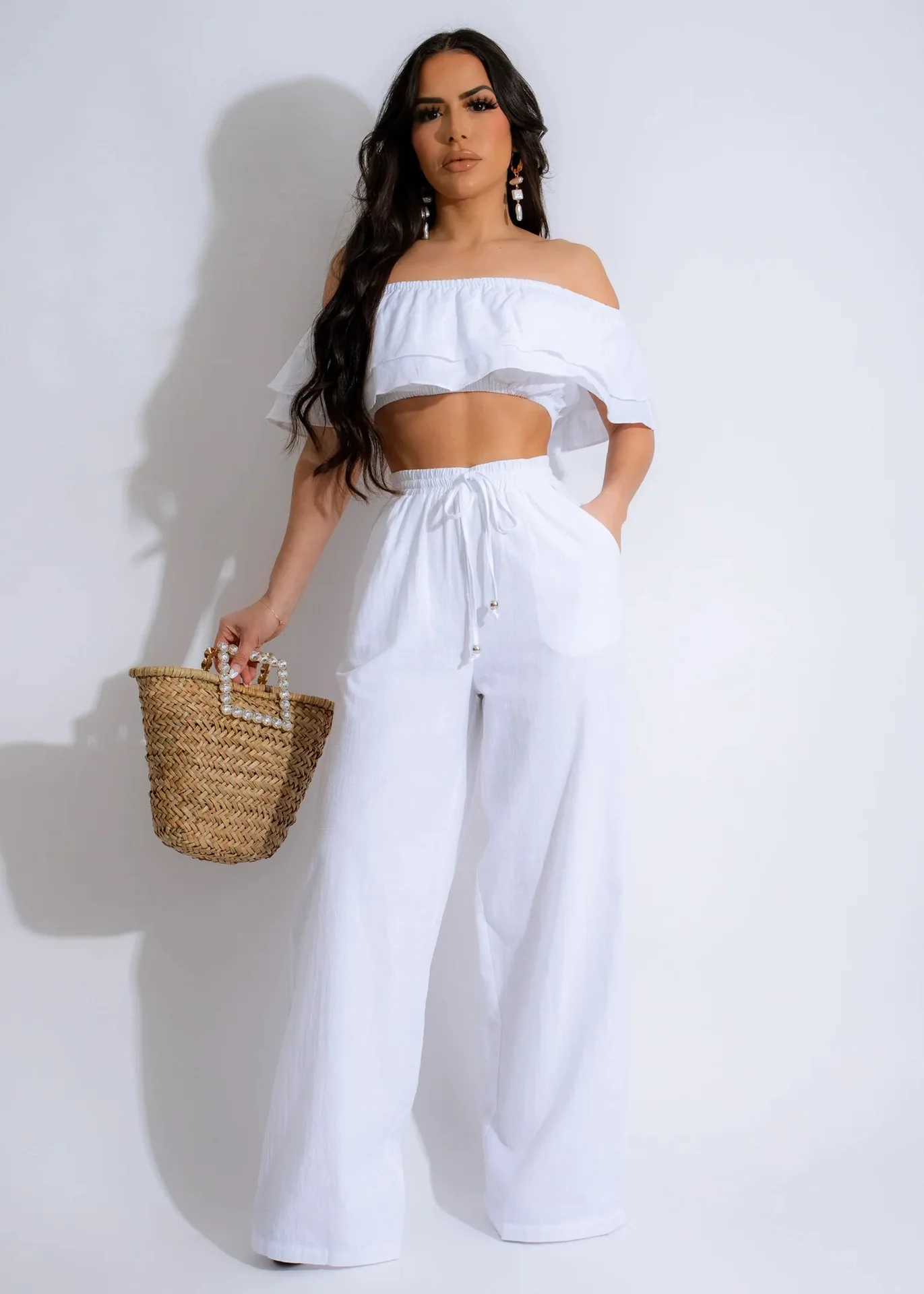 Women's Two Piece Pants Summer Fashion Solid Two Piece Set Women Casual Off Shoulder Top Wide Leg Pants Two Piece Set Women Y240426