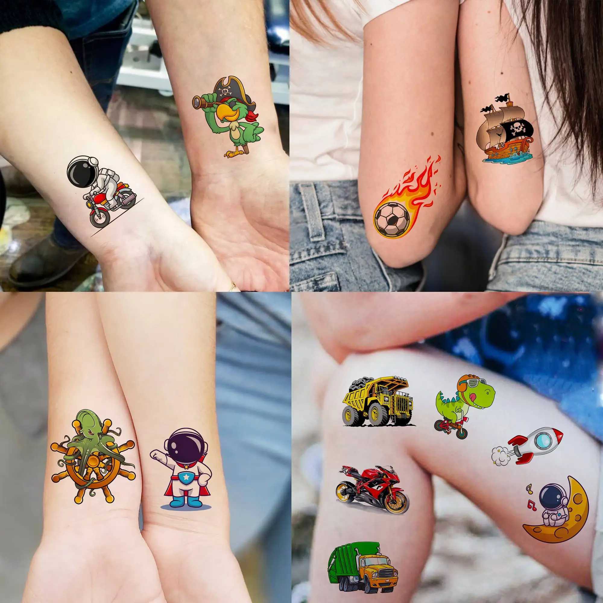 Tattoo -overdracht 3D Cartoon Tijdelijke tatoeages voor kinderen Volwassenen Party Fake Tattoo Dinosaur Space Pirate Construction Car Flash Tatoos Small 240427