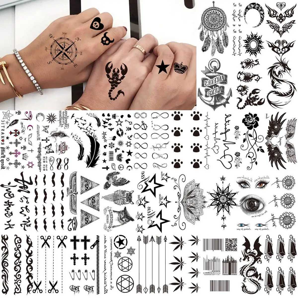 Transferência de tatuagem 66 folhas pequenas tatuagens temporárias pretas para homens homens enfrentam pescoço tatuagem skull skull skull star star kits divertido 240426