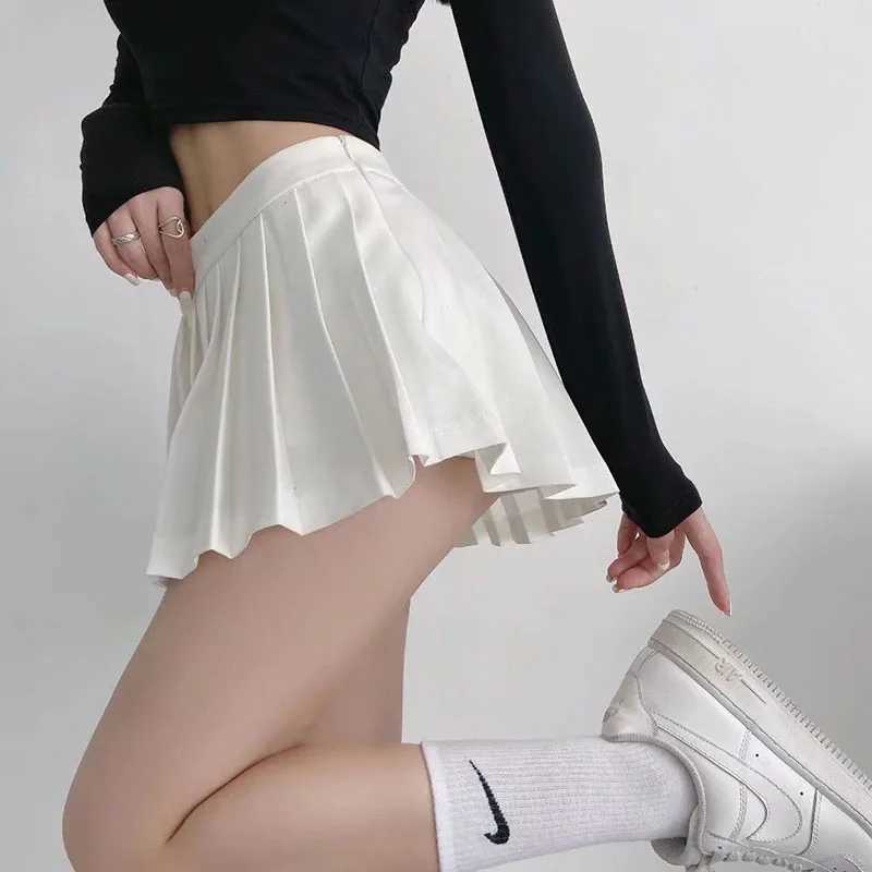 Skirts Zoki Sexy Womens Folded Skiing High Waist Summer Retro Mini Skiing Korean Tennis Teeth White Design Dance Skiing Y240420