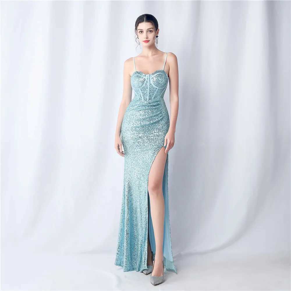 Runway Dresses YIDINGZS Women Strap Party Maxi Dress Sexy Blue Sequin Evening Dress Long Prom Dress 31163 Y240426