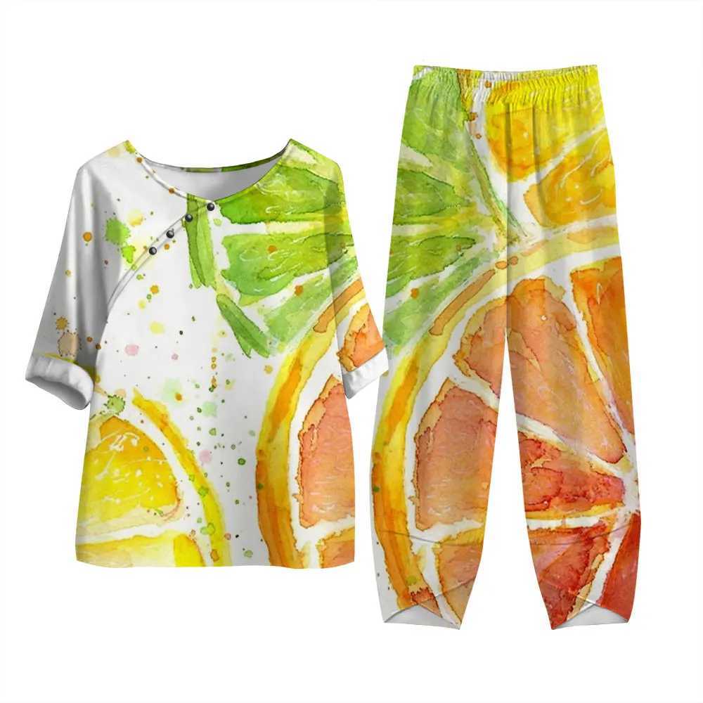 Women's Two Piece Pants Women Two Piece Sets Lemon Print Summer Set O Neck Short Slve Suit Elegant Harajuku Vintage Top Pullover Pants Female Outfit Y240426