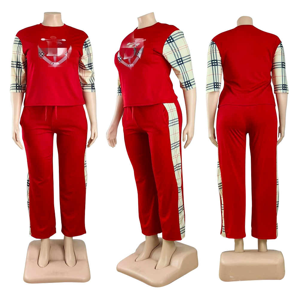 女性プラスサイズの2ピースパンツセットデザイナーレッドTシャツとスウェットパンツセットカジュアルパンツジョギングスーツ無料1xl-5xl無料