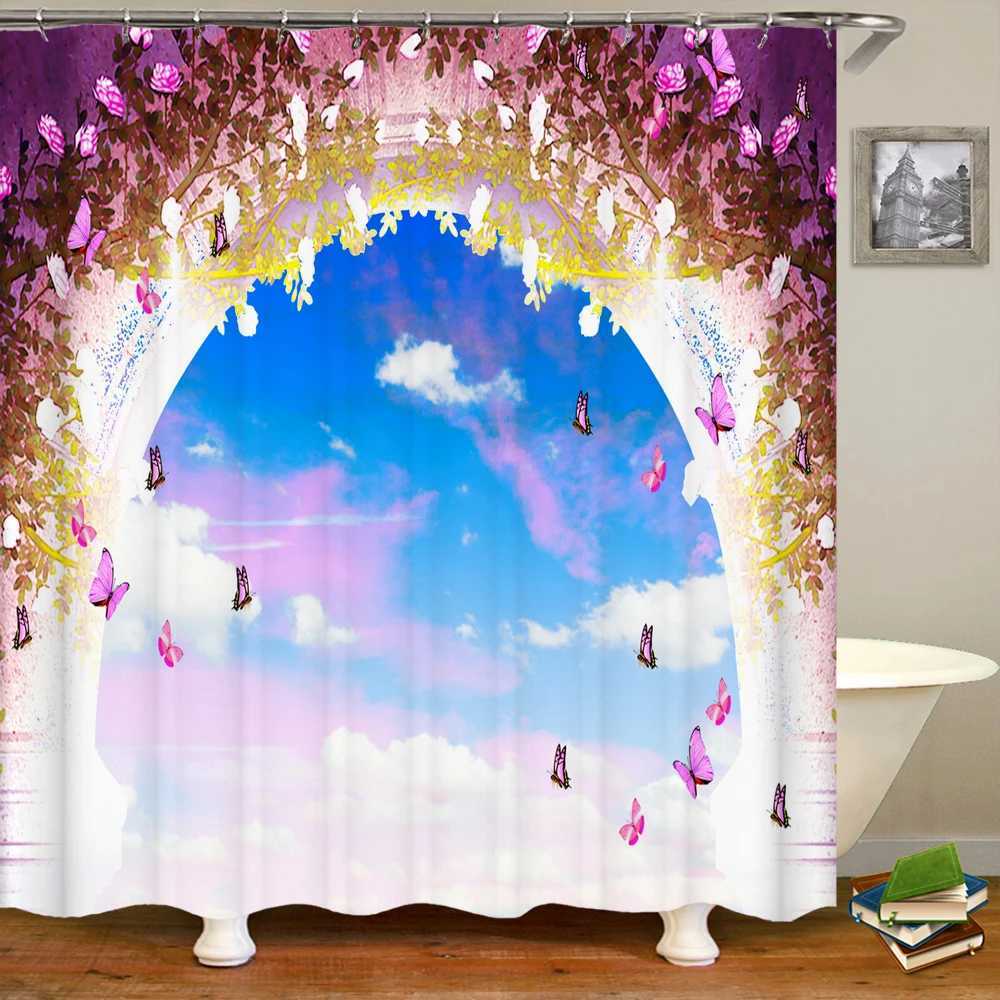 Douchegordijnen badkamer waterdichte douchegordijn polyester thuis decoratie gordijn 3d droomtuin bloem landschap bedrukte douchegordijnen
