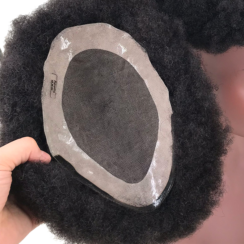 Afro Kinky Curly Toupee Mono líquido Lace com Pu ao redor para homens 4C Densidade 130%